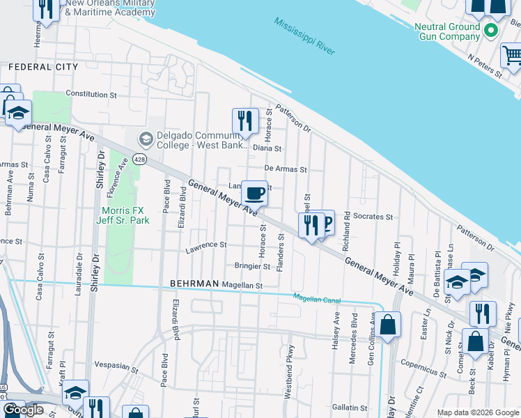map of restaurants, bars, coffee shops, grocery stores, and more near 3232 General Meyer Avenue in New Orleans