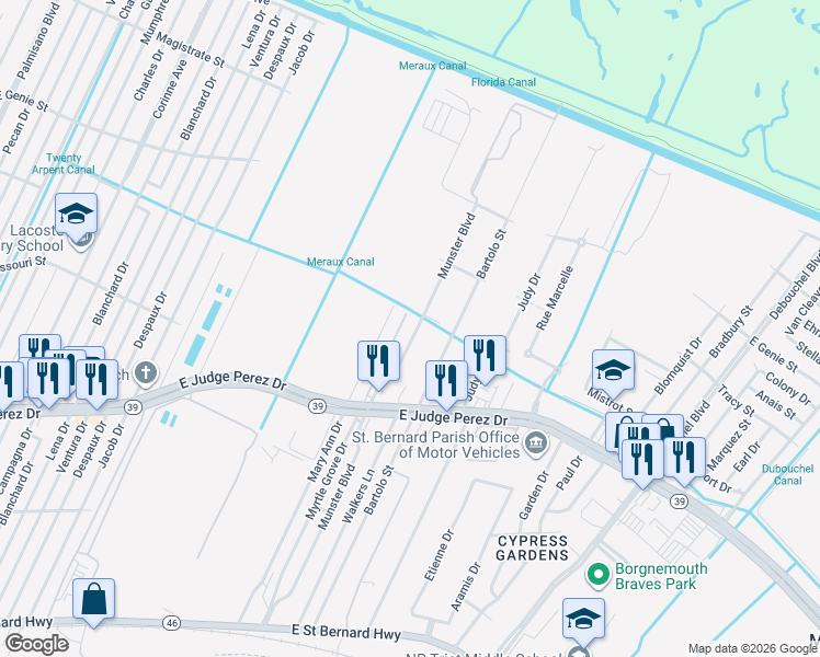 map of restaurants, bars, coffee shops, grocery stores, and more near 2813 Munster Boulevard in Meraux