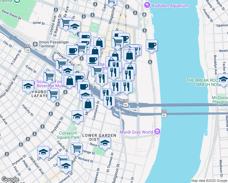 map of restaurants, bars, coffee shops, grocery stores, and more near 1110 Annunciation Street in New Orleans