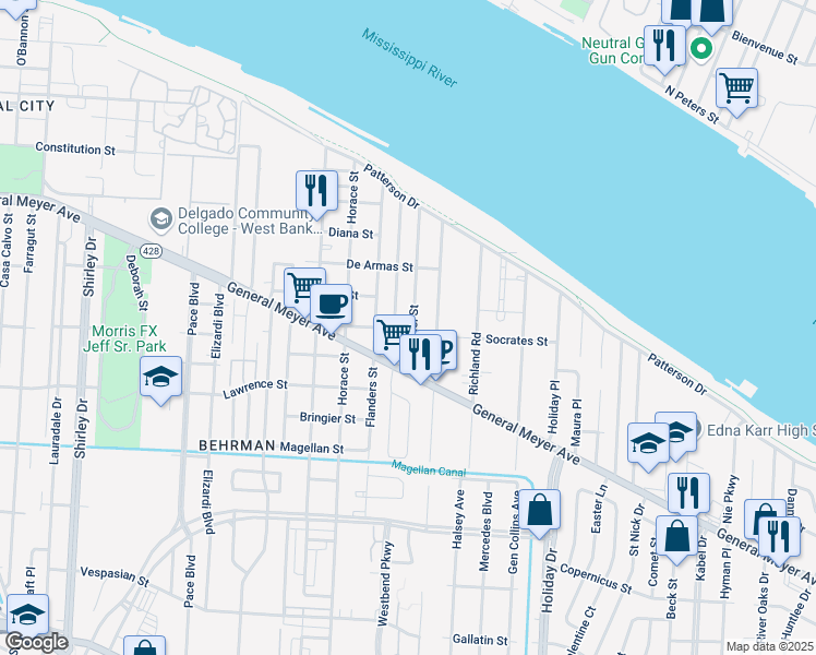 map of restaurants, bars, coffee shops, grocery stores, and more near 1357 Terry Street in New Orleans