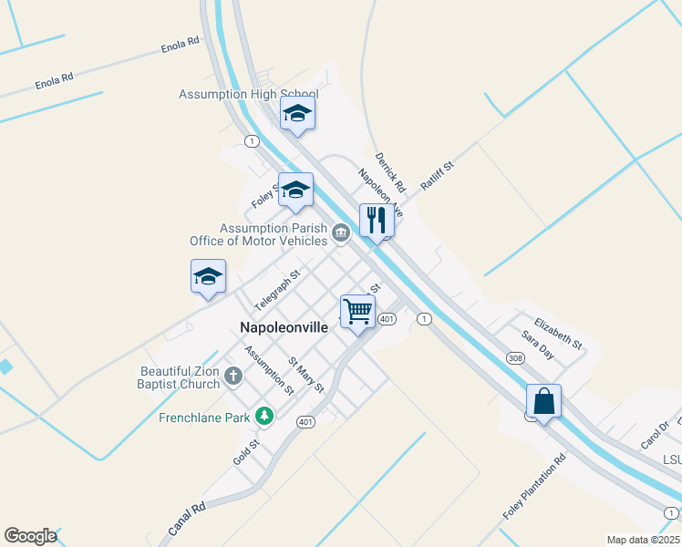 map of restaurants, bars, coffee shops, grocery stores, and more near in Napoleonville