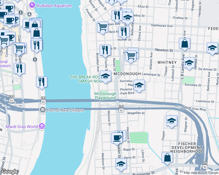 map of restaurants, bars, coffee shops, grocery stores, and more near 422 Park Boulevard in New Orleans