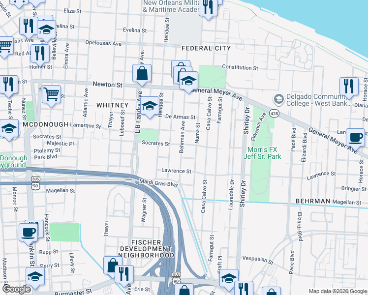 map of restaurants, bars, coffee shops, grocery stores, and more near 1415 Behrman Avenue in New Orleans