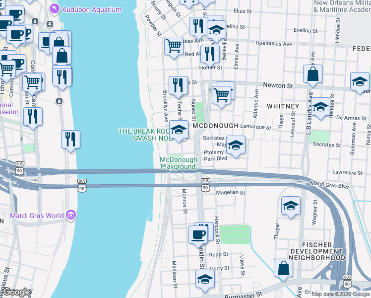 map of restaurants, bars, coffee shops, grocery stores, and more near 422 Park Boulevard in New Orleans