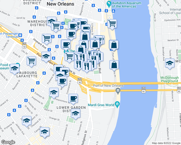 map of restaurants, bars, coffee shops, grocery stores, and more near 1111 South Peters Street in New Orleans