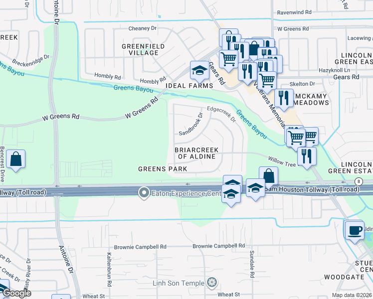 map of restaurants, bars, coffee shops, grocery stores, and more near 3439 Fountain Spring Drive in Houston