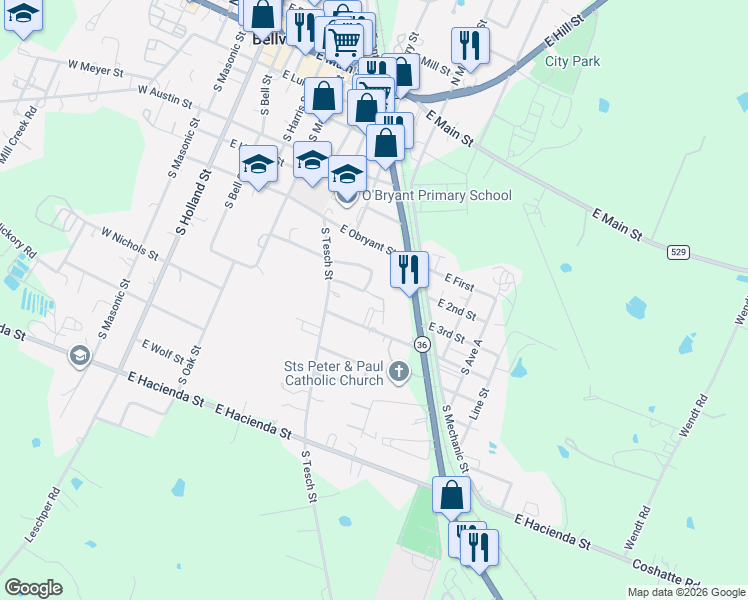 map of restaurants, bars, coffee shops, grocery stores, and more near 800 East Wendt Street in Bellville
