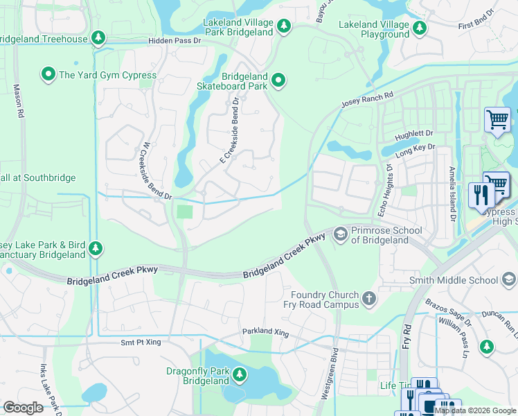 map of restaurants, bars, coffee shops, grocery stores, and more near 18822 East Josey Overlook Drive in Cypress