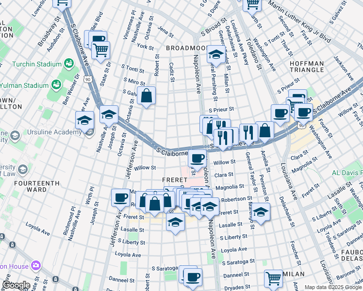map of restaurants, bars, coffee shops, grocery stores, and more near 4510 South Claiborne Avenue in New Orleans