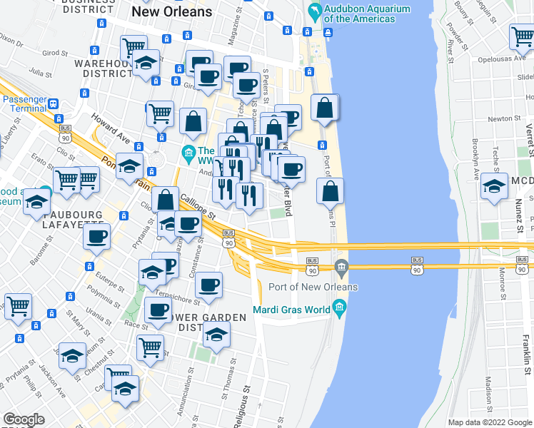 map of restaurants, bars, coffee shops, grocery stores, and more near 1111 South Peters Street in New Orleans