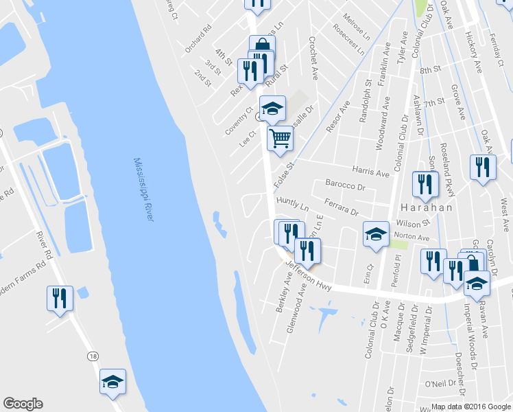 map of restaurants, bars, coffee shops, grocery stores, and more near 13 Hennessey Court in River Ridge