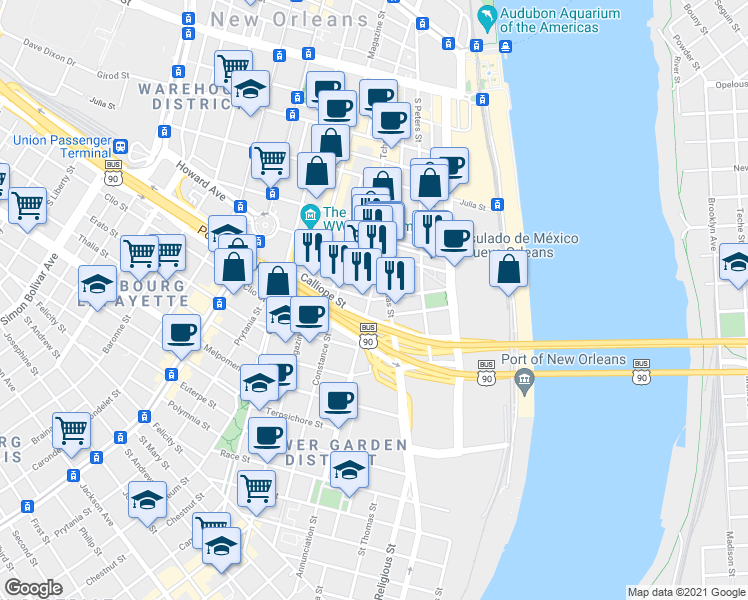 map of restaurants, bars, coffee shops, grocery stores, and more near 1110 Annunciation Street in New Orleans