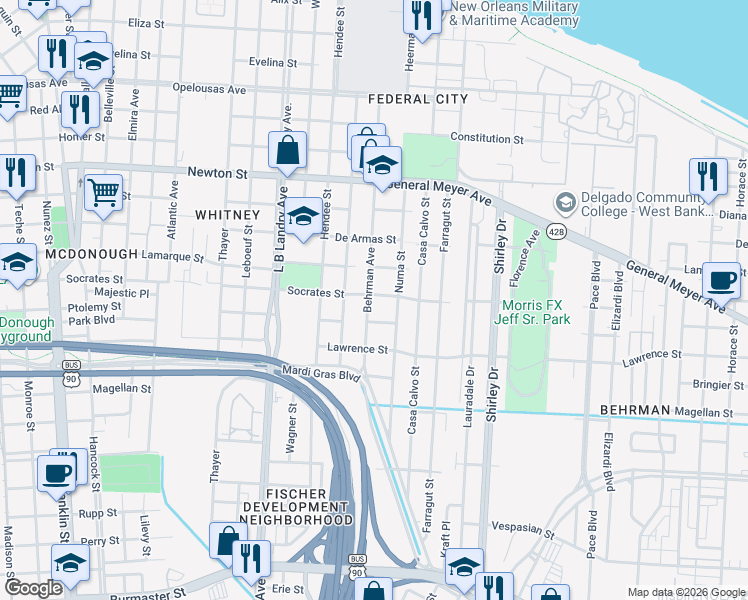 map of restaurants, bars, coffee shops, grocery stores, and more near 1415 Behrman Avenue in New Orleans
