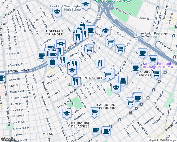 map of restaurants, bars, coffee shops, grocery stores, and more near 2414 Freret Street in New Orleans