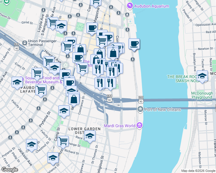 map of restaurants, bars, coffee shops, grocery stores, and more near 1111 South Peters Street in New Orleans