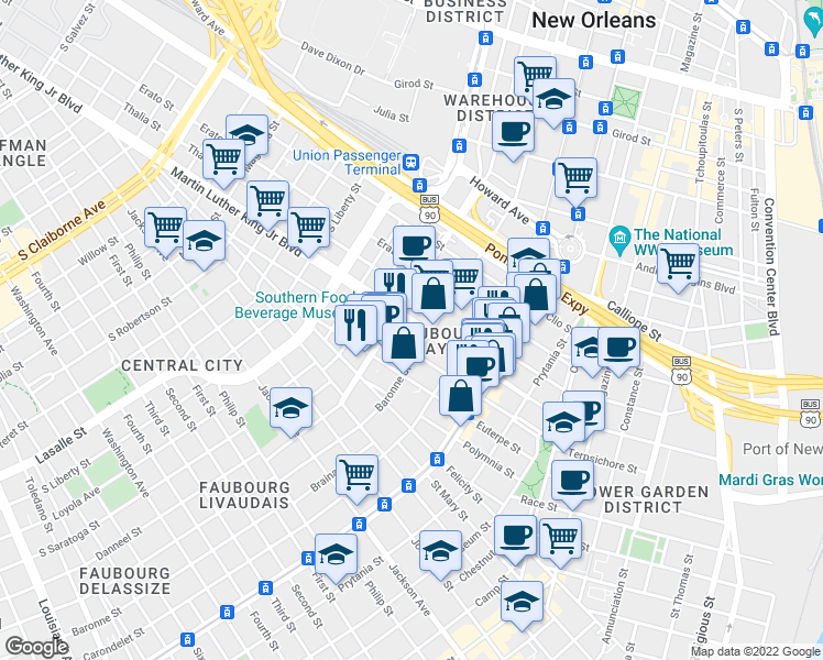 map of restaurants, bars, coffee shops, grocery stores, and more near in New Orleans