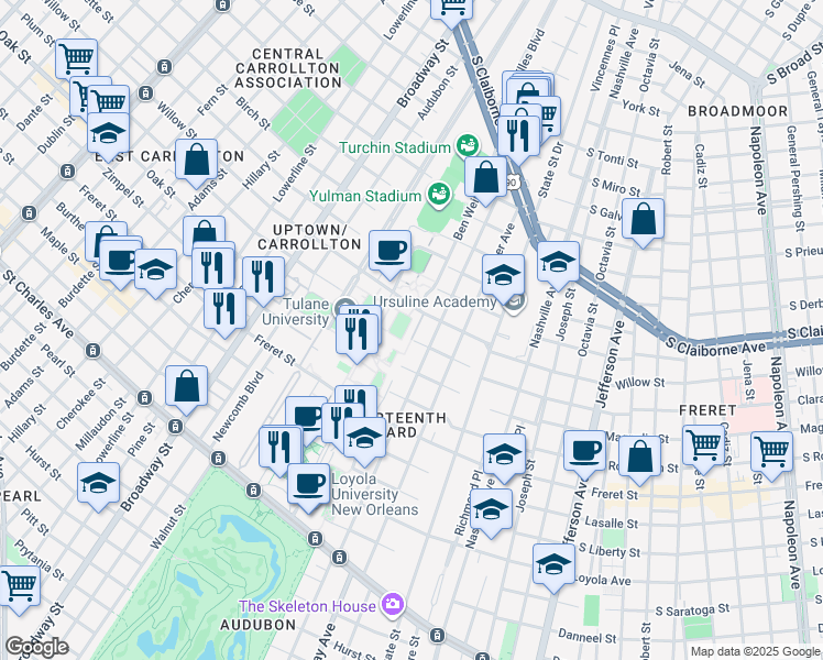 map of restaurants, bars, coffee shops, grocery stores, and more near 2450 Wall Alley in New Orleans