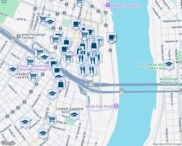 map of restaurants, bars, coffee shops, grocery stores, and more near 1111 South Peters Street in New Orleans