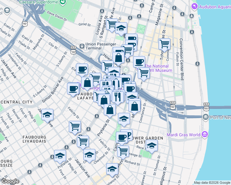 map of restaurants, bars, coffee shops, grocery stores, and more near 1510 Erato Street in New Orleans