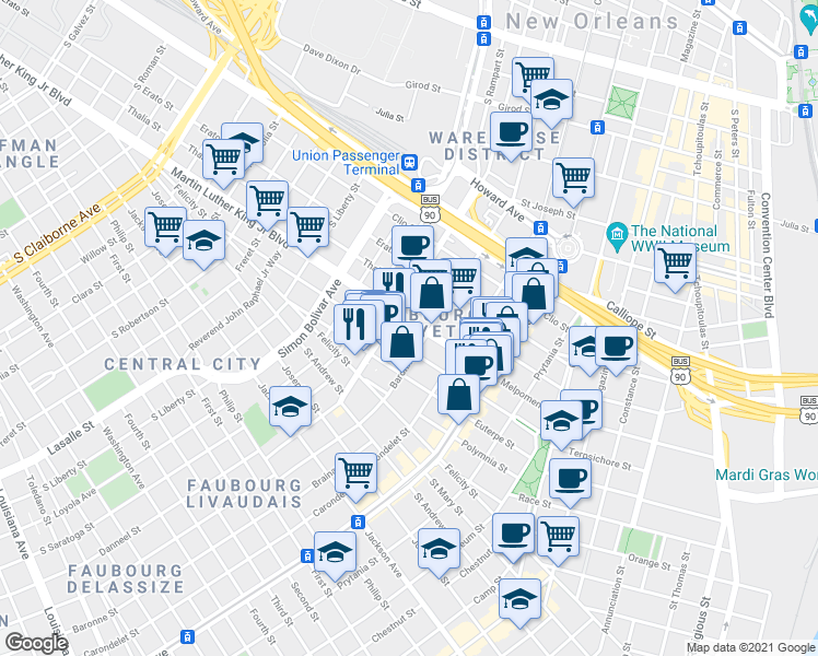 map of restaurants, bars, coffee shops, grocery stores, and more near in New Orleans