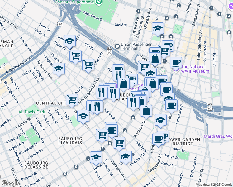 map of restaurants, bars, coffee shops, grocery stores, and more near Oretha Castle Haley Boulevard in New Orleans