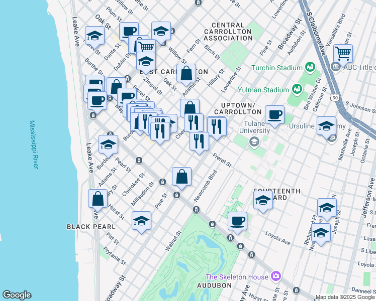 map of restaurants, bars, coffee shops, grocery stores, and more near 820 Pine Street in New Orleans