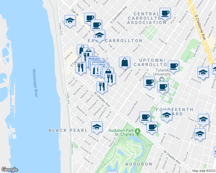 map of restaurants, bars, coffee shops, grocery stores, and more near 7504 Hampson Street in New Orleans