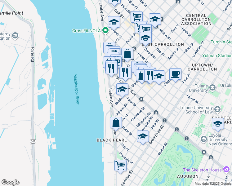 map of restaurants, bars, coffee shops, grocery stores, and more near 7815 Dominican Street in New Orleans