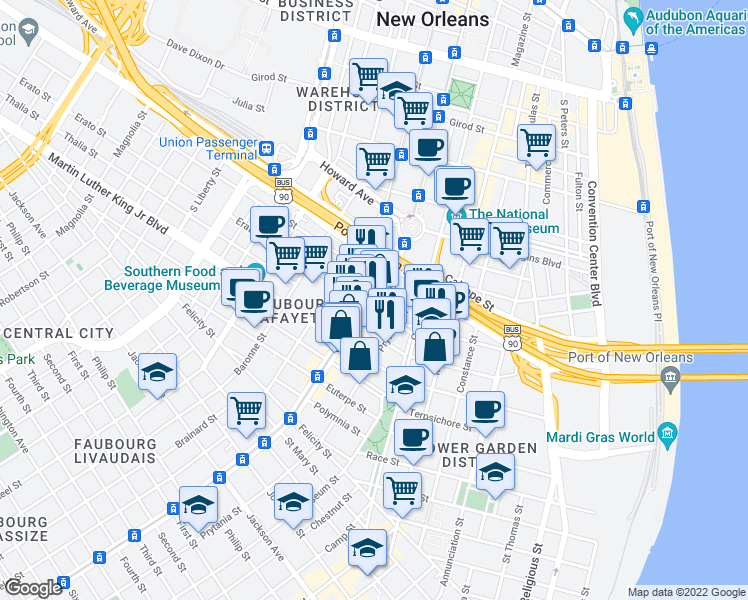 map of restaurants, bars, coffee shops, grocery stores, and more near 1224 Saint Charles Avenue in New Orleans