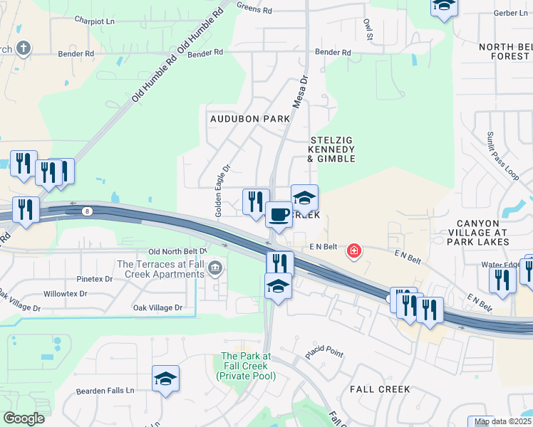 map of restaurants, bars, coffee shops, grocery stores, and more near 15115 Mesa Drive in Humble