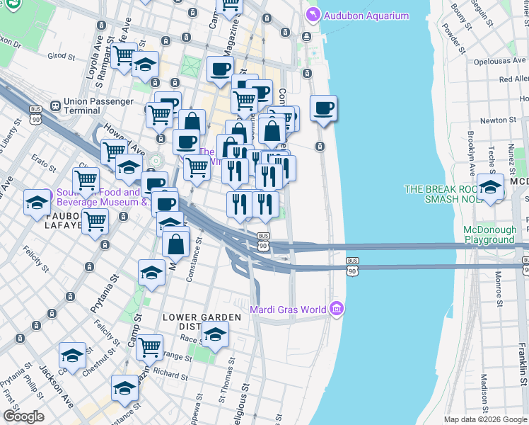 map of restaurants, bars, coffee shops, grocery stores, and more near 1111 South Peters Street in New Orleans