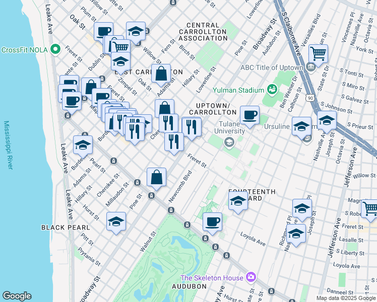 map of restaurants, bars, coffee shops, grocery stores, and more near 1009 Broadway Street in New Orleans