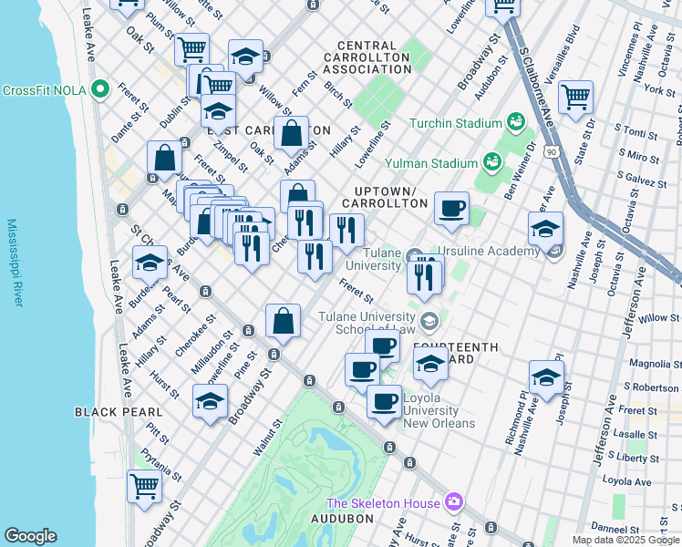 map of restaurants, bars, coffee shops, grocery stores, and more near 1007 Broadway Street in New Orleans