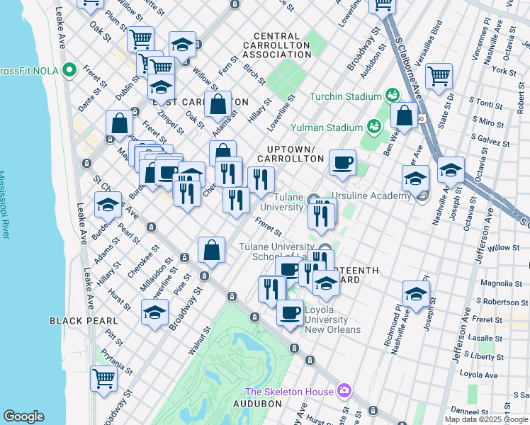 map of restaurants, bars, coffee shops, grocery stores, and more near 1024 Audubon Street in New Orleans