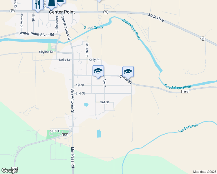map of restaurants, bars, coffee shops, grocery stores, and more near 306 2nd Street in Center Point