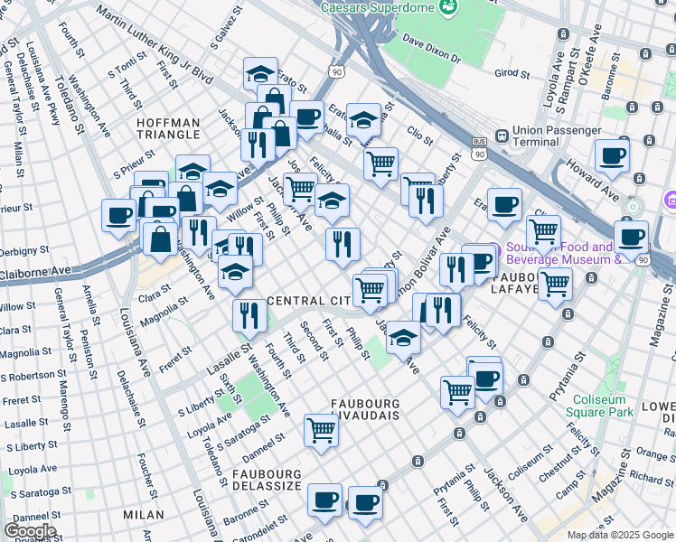 map of restaurants, bars, coffee shops, grocery stores, and more near 2236 Lasalle Street in New Orleans