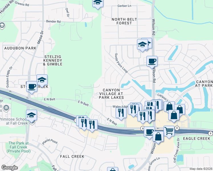 map of restaurants, bars, coffee shops, grocery stores, and more near 9230 Lakeway View Lane in Humble