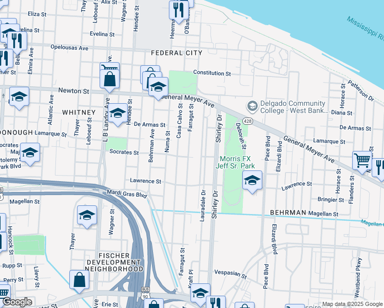 map of restaurants, bars, coffee shops, grocery stores, and more near 11718 Saux Lane in New Orleans