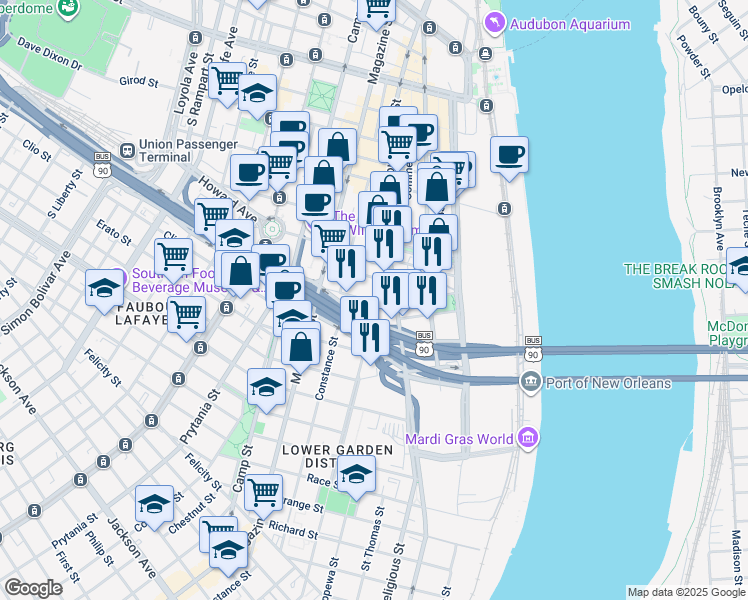 map of restaurants, bars, coffee shops, grocery stores, and more near 1110 Annunciation Street in New Orleans