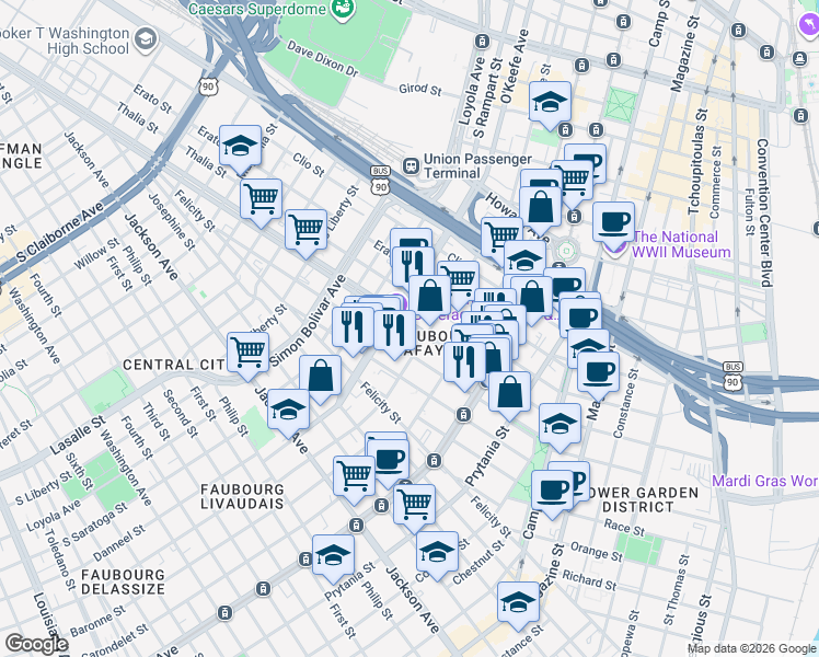 map of restaurants, bars, coffee shops, grocery stores, and more near in New Orleans