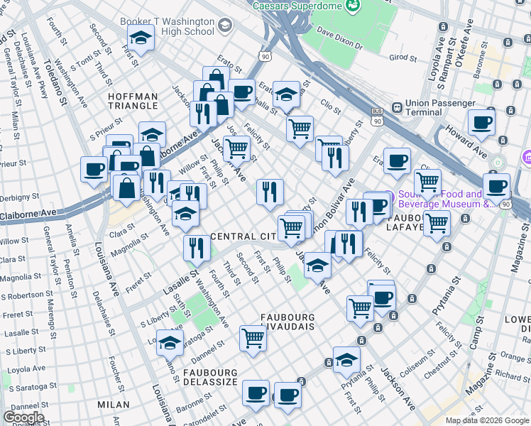map of restaurants, bars, coffee shops, grocery stores, and more near 2236 Lasalle Street in New Orleans