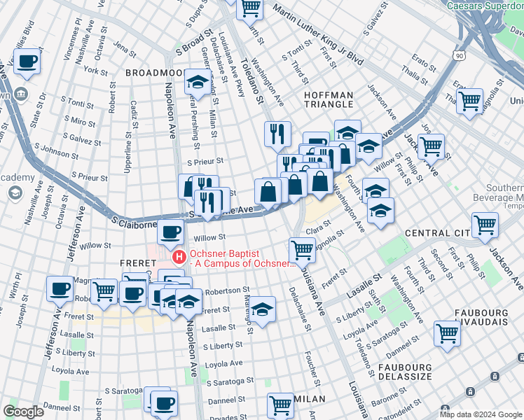 map of restaurants, bars, coffee shops, grocery stores, and more near 3724 South Claiborne Avenue in New Orleans