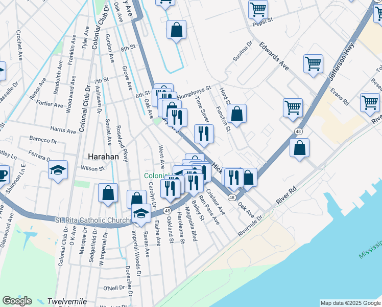 map of restaurants, bars, coffee shops, grocery stores, and more near 313 V F West Boulevard in Harahan