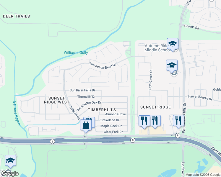 map of restaurants, bars, coffee shops, grocery stores, and more near 11011 Thorncliff Drive in Humble