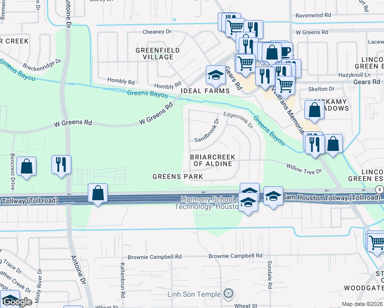 map of restaurants, bars, coffee shops, grocery stores, and more near 14111 Timberhaven Drive in Houston