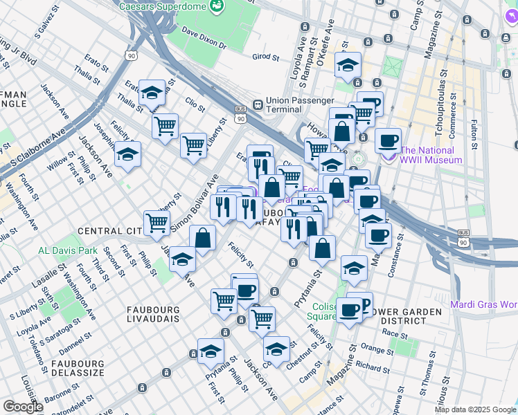 map of restaurants, bars, coffee shops, grocery stores, and more near in New Orleans