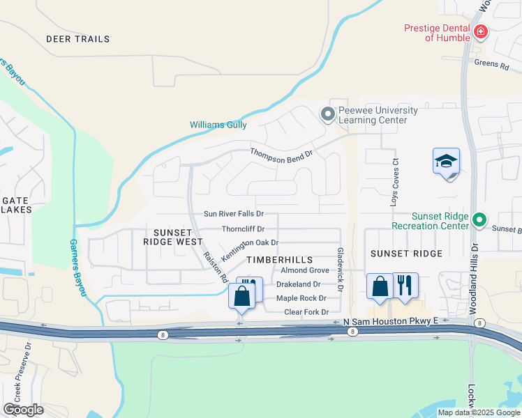 map of restaurants, bars, coffee shops, grocery stores, and more near 10815 Thorncliff Drive in Humble