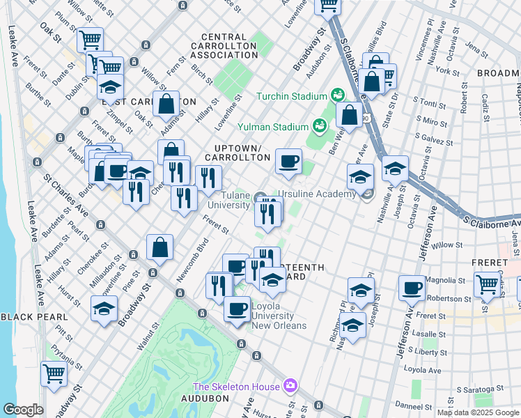 map of restaurants, bars, coffee shops, grocery stores, and more near 6823 Saint Charles Avenue in New Orleans