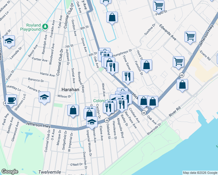 map of restaurants, bars, coffee shops, grocery stores, and more near 375 West Avenue in Harahan