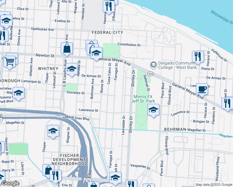 map of restaurants, bars, coffee shops, grocery stores, and more near 11718 Saux Lane in New Orleans